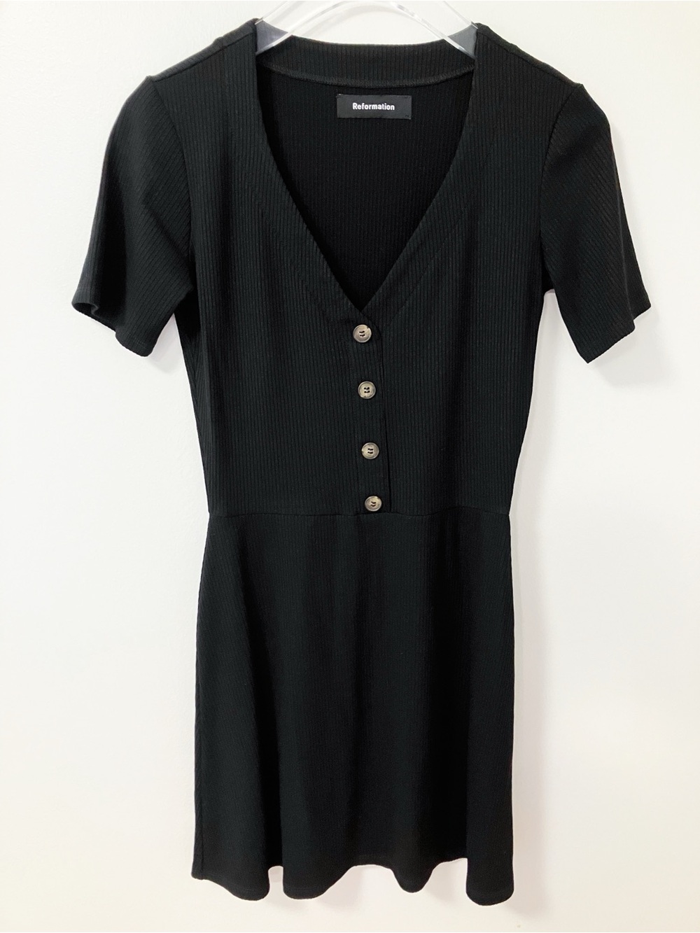 Reformation | Black Ribbed Deep V-Neck Mini Dress M Capsule Chic Minimalist